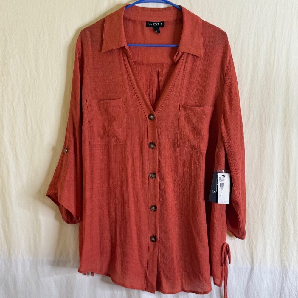 NWT I.N. Studio Women's Button Front Shirt Rust Red Roll Tab Sleeve Plus Size 1X